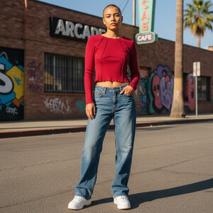 CamMense Red Long Sleeve Top Women M Grunge Y2K Streetwear Skater Preppy